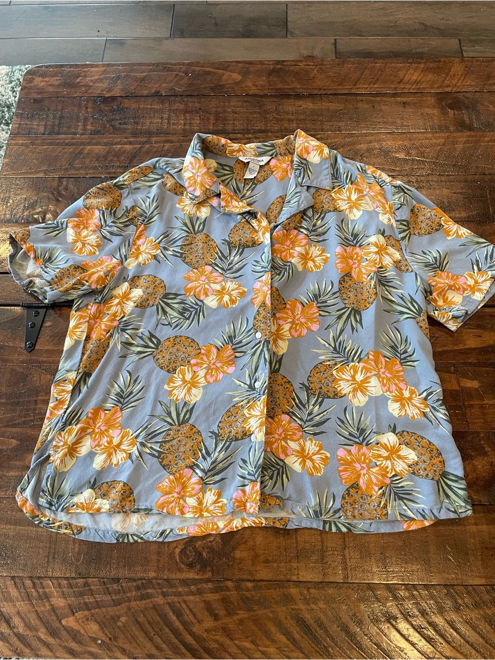 Arizona Jean Company Light Blue Pineapple Floral Button-Down Shirt